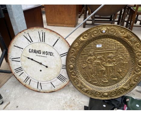 A BRASS CHARGER AND A WALL CLOCK 