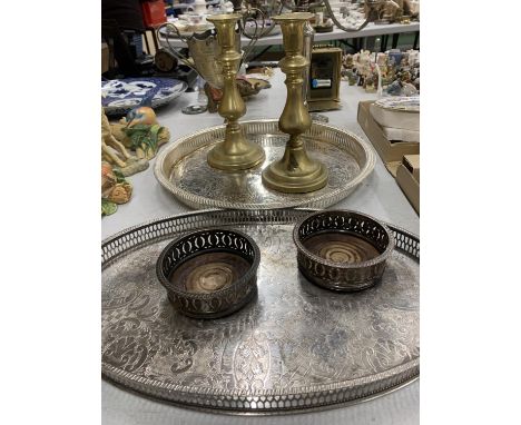 A QUANTITY OF SILVER PLATED ITEMS TO INCLUDE GALLERIED TRAYS, A THREE BRANCHED CANDLEABRA, A MAUDE CHURCH INSTITUTE YOUNG MEN