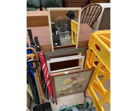 A FIRE SCREEN AND THREE FRAMED MIRRORS 