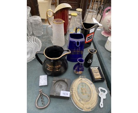 AN ASSORTMENT OF PUB ITEMS TO INCLUDE A WILSONS ALE ASHTRAY, A TEACHERS JUG AND A BRITVIC JUG ETC 