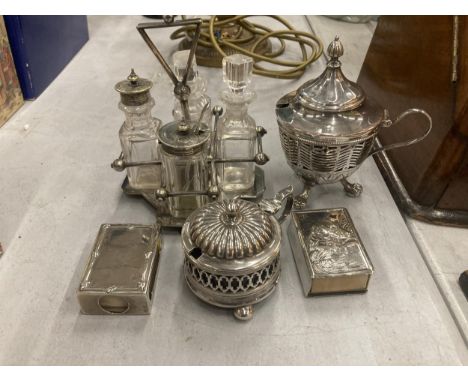 A QUANTITY OF SILVER PLATED ITEMS TO INCLUDE A CRUET SET IN A STAND, MUSTARD AND PRESERVE POTS WITH BLUE GLASS LINERS AND TWO