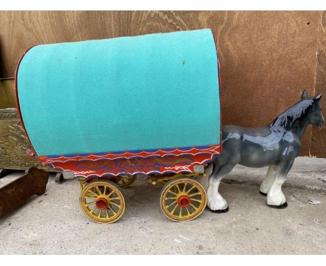 A CERAMIC SHIRE HORSE WITH ROMANY CARAVAN 
