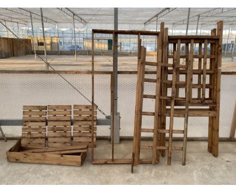 A QUANTITY OF AS NEW EX DISPLAY CHARLES TAYLOR ITEMS TO INCLUDE A TRELIS FRAME, PLANTER FOR REPAIR AND THREE ARM TABLES *PLEA