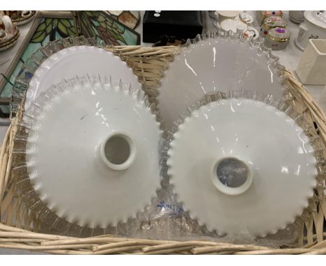 FOUR VINTAGE OPAQUE GLASS LIGHT SHADES WITH FLUTED EDGES 