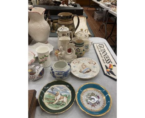 A QUANTITY OF CERAMIC ITEMS TO INCLUDE A JUG, TEAPOTS, PLATES, A ROYAL DOULTON 'BONNIE LASSIE' - A/F, ETC 