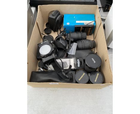 AN ASSORTMENT OF PHOTOGRAPHY EQUIPMENT TO INCLUDE A PANAGOR LENS, VIVITAR LENS AND A PENTAX MZ-10 CAMERA ETC 