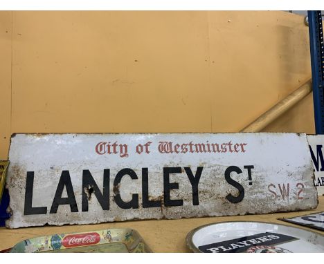 A VINTAGE CITY OF WESTMINSTER 'LANGLEY ST' SW2 SIGN 106.5CM X 29.5CM 