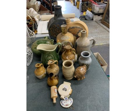 A QUANTITY OF STUDIO POTTERY TO INCLUDE A FLASK SHAPED VASE, JUGS, STONEWARE POTS, A CROWN STAFFORDSHIRE WHISKY LABEL, ETC 