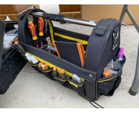 A STANLEY TOOL BAG AND AN ASSORTMENT OF TOOLS TO INCLUDE PLIERS AND SPANNERS ETC 