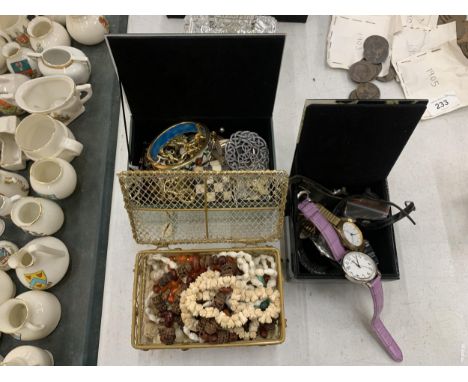 THREE DECORATIVE BOXES CONTAINING A QUANTITY OF COSTUME JEWELLERY TO INCLUDE WATCHES LIMIT, TIMEX, ETC, SHELL NECKLACES, RING