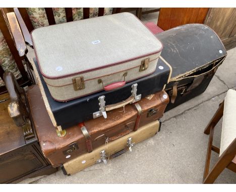 FOUR VARIOUS VINTAGE SUITCASES AND DOME TOPPED TRUNK 