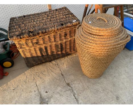 A LARGE WICKER HAMPER STYLE BASKET AND A LAUNDRY BASKET 