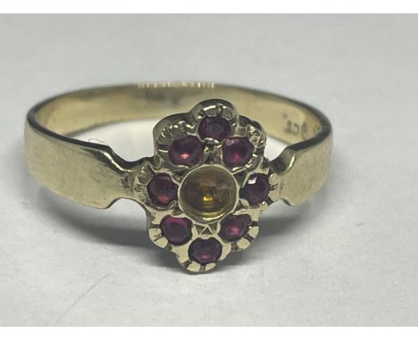 A 9 CARAT GOLD RING WITH WITH EIGHT RED STONES (CENTRE STONE MISSING) SIZE K GROSS WEIGHT 1.58 GRAMS 