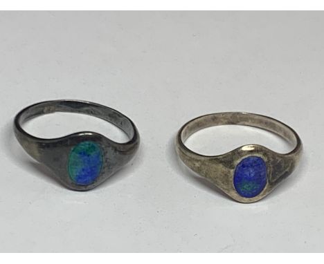 TWO ART NOUVEAU HALLMARKED SILVER AND BLUE ENAMEL SIGNET RINGS 