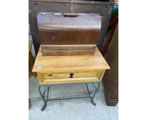 A SINGLE TABLE TOP SEWING MACHINE AND A MEXICAN PINE LAMP TABLE WITH SINGLE DRAWER, ON METALWARE BASE 