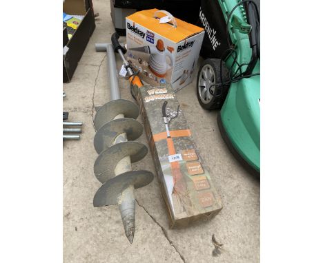 AN ASSORTMENT OF TOOLS TO INCLUDE A WEED BURNER AND A POST HOLE BORER ETC 