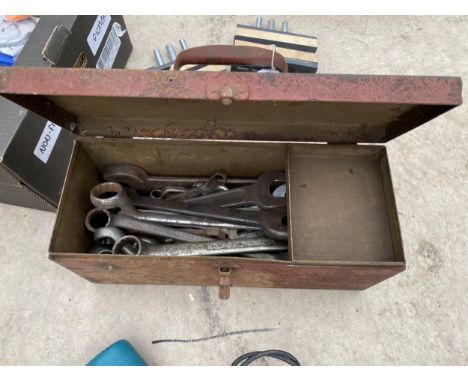 A METAL TOOL BOX CONTAINING AN ASSORTMENT OF SPANNERS 