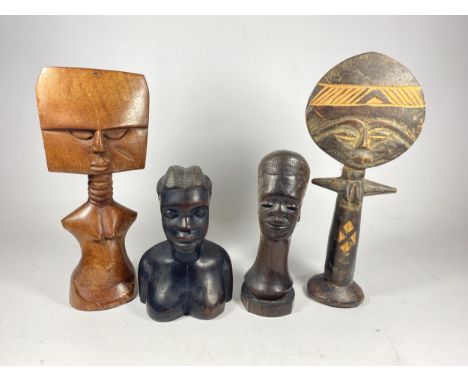 A GROUP OF FOUR VINTAGE TRIBAL FIGURES TO INCLUDE UNUSUAL FERTILITY FIGURE 