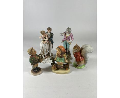 A GROUP OF FIGURES TO INCLUDE TWO CONTINENTAL HARD PASTE PORCELAIN FIGURES AND HUMMEL FIGURES 