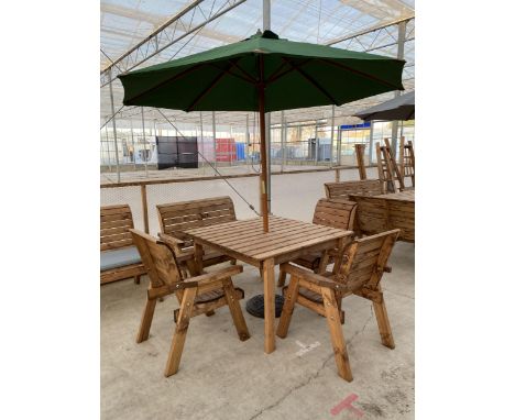 AN AS NEW EX DISPLAY CHARLES TAYLOR PATIO SET COMPRISING OF SQUARE TABLE, TWO SEATER BENCH, THREE CHAIRS AND A PARASOL WITH B