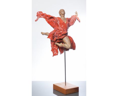 * WALTER AWLSON,
FLAME
roughcast bisque sculpture and glazed, signed and numbered 8/50
73.5cm high
Mounted on a wooden rectan