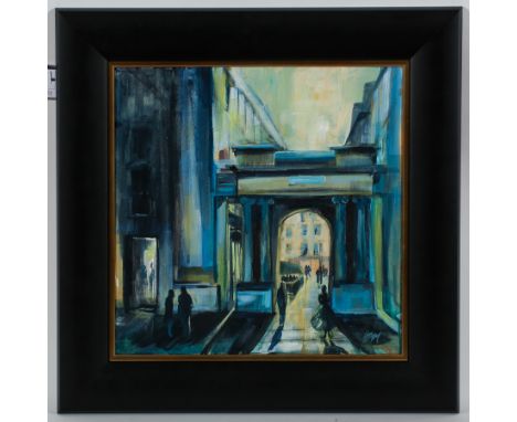HELEN MCDONALD MATHIE,
EVENING LIGHT, ROYAL EXCHANGE SQUARE
acrylic on board, signed and titled verso
50cm x 50cm
Framed 
