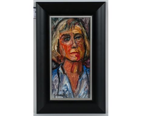 * HILDA GOLDWAG (1912 - 2008)
PORTRAIT
oil on board, signed 
40cm x 19cm
Framed 
