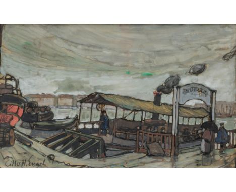 Otto Heinrich Engel (Erbach/Odenwald 1866 - Glücksburg 1949). Schiffsanleger. Gouache und Tinte. 29 x 46 cm. L. u. sign. Otto
