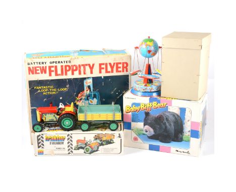 A quantity of toys and games, including tin-plate Fetor tractor and trailer, boxed; Toy Town New Flippy Flyer (battery operat