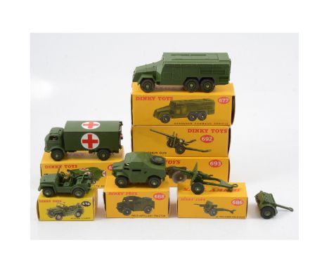 Dinky Toys die-cast models, eight military examples including no.626 military ambulance; no.677 Armoured Command Vehicle; no.