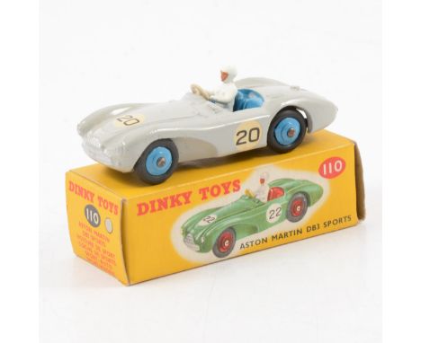 Dinky Toys die-cast model no.110 Aston Martin DB3 Sports car, grey body, blue hubs, no.20 racing stickers, boxed.