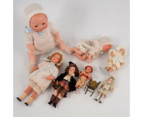Seven miniature and baby dolls; including Armand Marseille, Germany, bisque head doll, sleeping eyes, composition body, in Sc