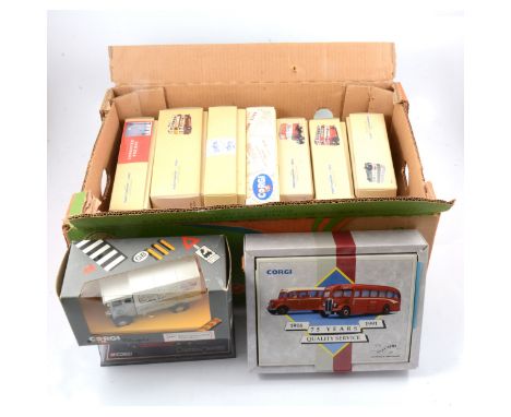 Corgi Classics die-cast models; mostly bus models, nine including 97801 Sunbeam W Utility Trolleybus; 973 Leyland Atlantic bu