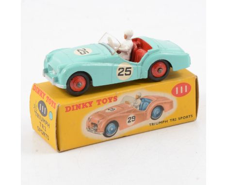 Dinky Toys die-cast model no.111 Triumph TR2 Sports car, terquoise body, red hubs, no.25 racing numbers, boxed.