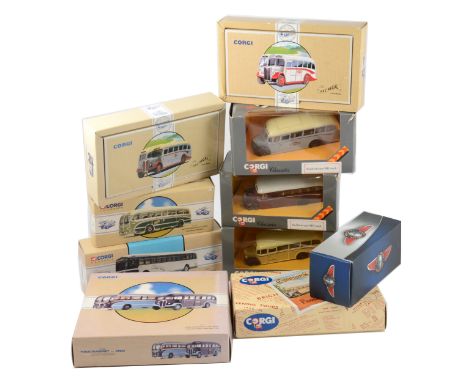 Corgi Classics die-cast model coaches, nine including 97053 Burlingham Seagull / AEC Regal York Brothers, Northampton; 97178 