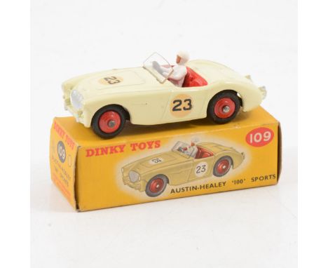 Dinky Toys die-cast model no.109 Austin Healey 100 Sports car, cream body, red hubs and seats, no.23 racing numbers, boxed