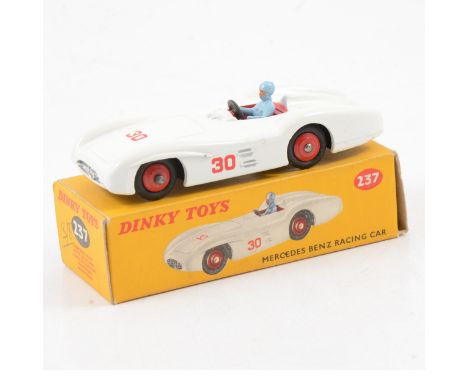 Dinky Toys die-cast model no.237 Mercedes Benz racing car, white body, red hubs, no.30 racing numbers, boxed.