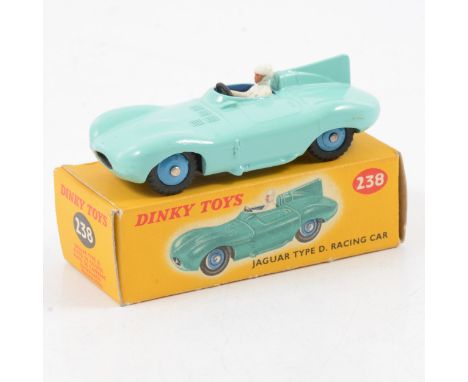 Dinky Toys die-cast model no.238 Jaguar Type D Racing car, turquoise body, mid blue hubs, boxed.