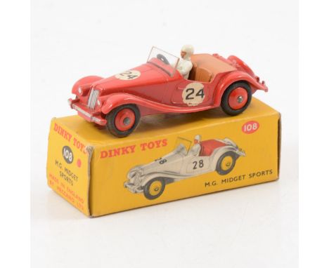 Dinky Toys die-cast model no.108 MG Midget Sports racing car, red body, red hubs, no.24 racing numbers, boxed.