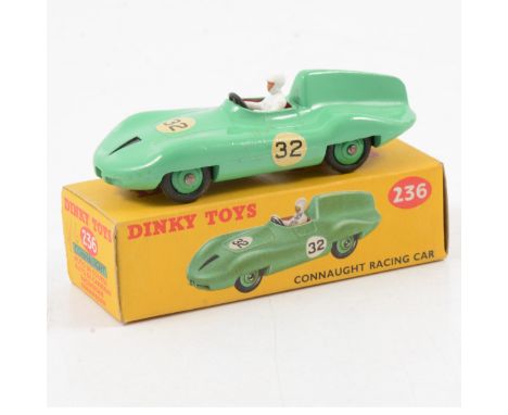 Dinky Toys die-cast model no.236 Connaught Racing car, green body, green hubs, no.32 racing numbers, boxed.