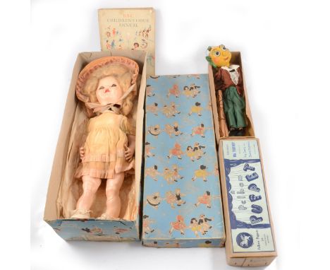 Pedigree Delite walking doll in original box (a/f), Pelham Puppet Mr Turnip, boxed and the BBC Children's Hour Annual.