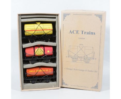 ACE Trains O gauge 4 wheel tanker wagon set no.3, including Motor 'BP' Spirit, yellow; Colas, red; Anglo American Oil Co, bro