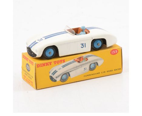 Dinky Toys die-cast model no.133 Cunningham C-5R Road Racer, white body, brown seats, blue hubs, no.31 racing numbers, boxed.