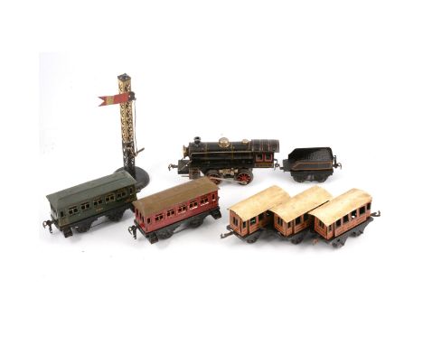 Kraus Fandor JK Co, Germany, O gauge model railway 4 volt electric locomotive and tender, two passenger coaches; signal arm; 
