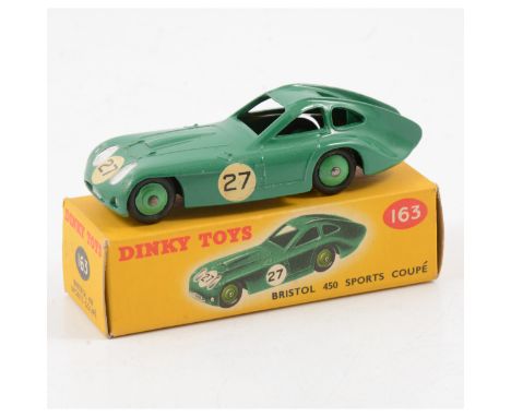 Dinky Toys die-cast model no.163 Bristol 450 Sports Coupe, green body, mid green hubs, no.27 racing numbers, boxed.