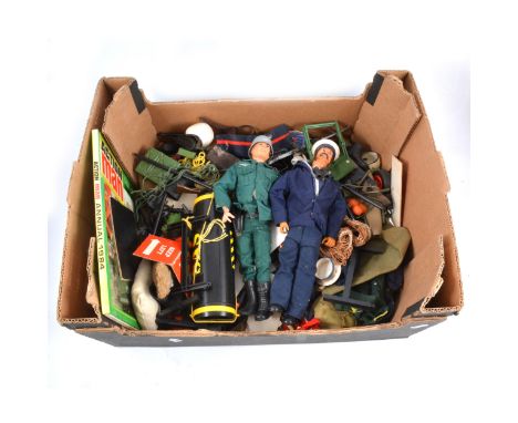 Action Man by Palitoy, including two figures, and a large number of accessories, guns, clothing, and a 1984 annual.