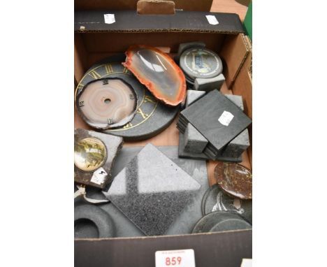 A small carton of assorted slate items including coasters, and clock faces sold alongside an agate bowl and clock face.
