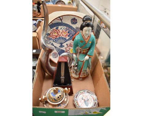 A small collection of Oriental style items including a pretty plate having fan design, a Geisha figurine AF and a  lidded pot