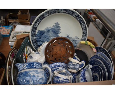 An assortment of ceramics, including blue and white plates, Masons 'Regency' saucers, salt and pepper pots etc.