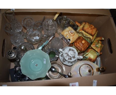 A small selection of cut and pressed glass including vases, jam pots and a rose bowl, a Royal Crystal Rock study of a lady, f